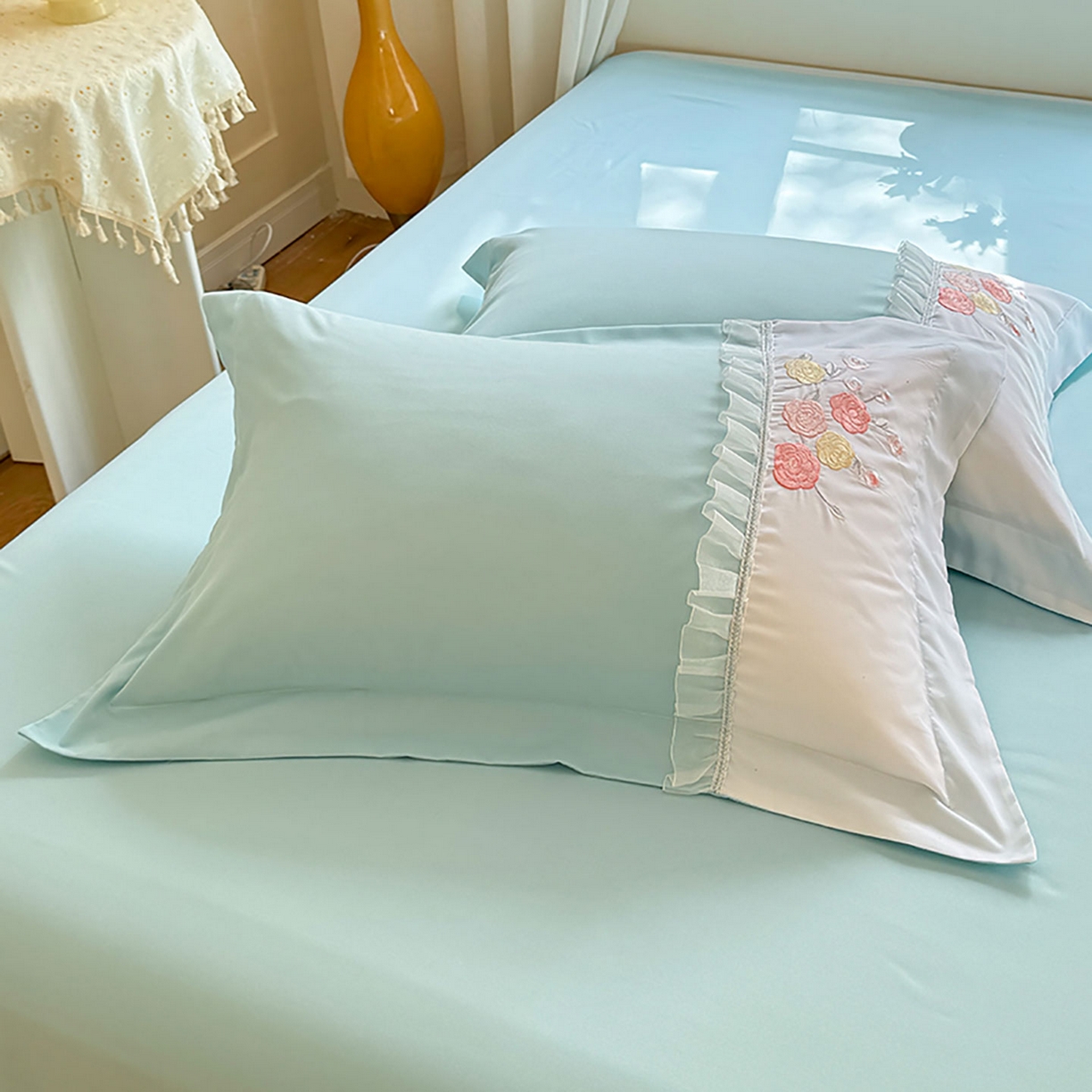 91家纺网 家纺一手货源 找家纺 慕语家纺 2025新款磨毛亲肤贴布绣伊丽莎白四件套（专版花型） 伊丽莎白--清新绿