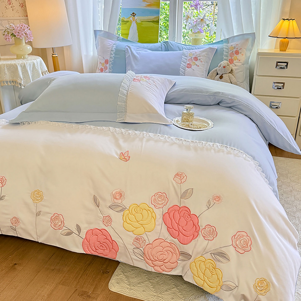 慕语家纺 2025新款磨毛亲肤贴布绣伊丽莎白四件套（专版花型） 伊丽莎白--天空蓝