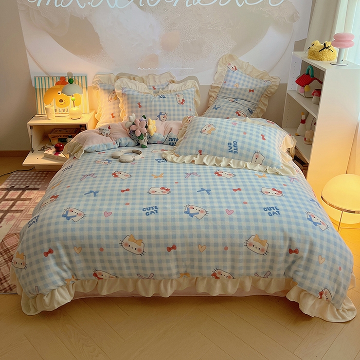桃子家居 2025新款A类ins韩版花边少女心可爱卡通碎花加厚牛奶绒四件套 绒-花边可可猫咪蓝