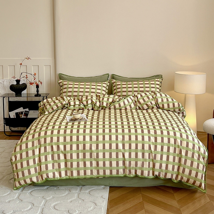 91家纺网 家纺一手货源 找家纺 忆生活 2025秋冬全棉加厚磨毛贝壳边四件套格言-绿