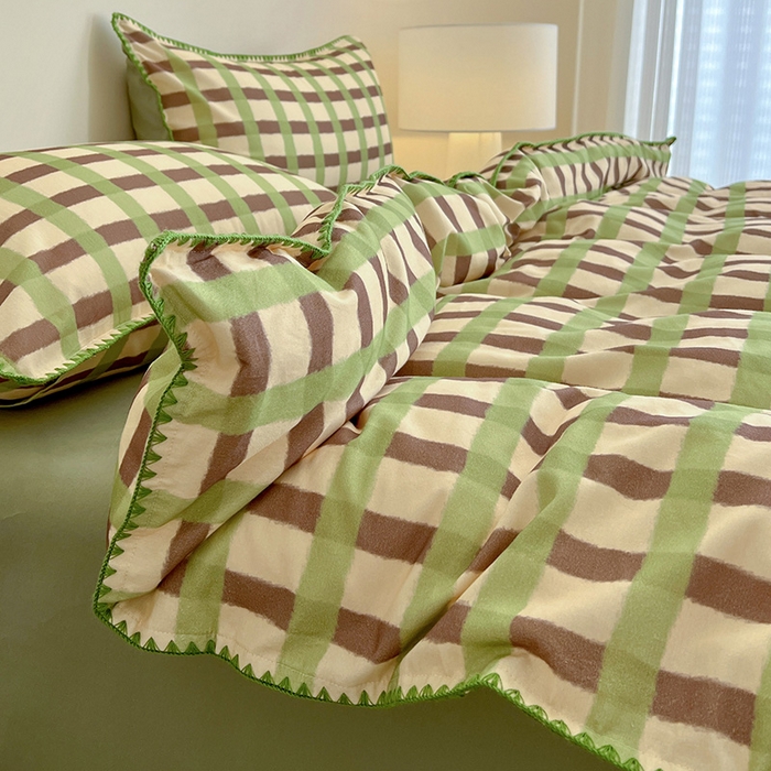 91家纺网 家纺一手货源 找家纺 忆生活 2025秋冬全棉加厚磨毛贝壳边四件套格言-绿