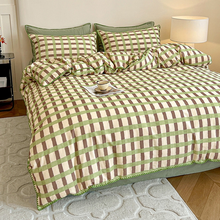 91家纺网 家纺一手货源 找家纺 忆生活 2025秋冬全棉加厚磨毛贝壳边四件套格言-绿