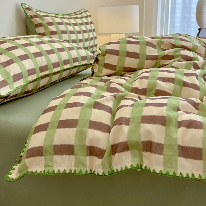 91家纺网 家纺一手货源 找家纺 忆生活 2025秋冬全棉加厚磨毛贝壳边四件套格言-绿