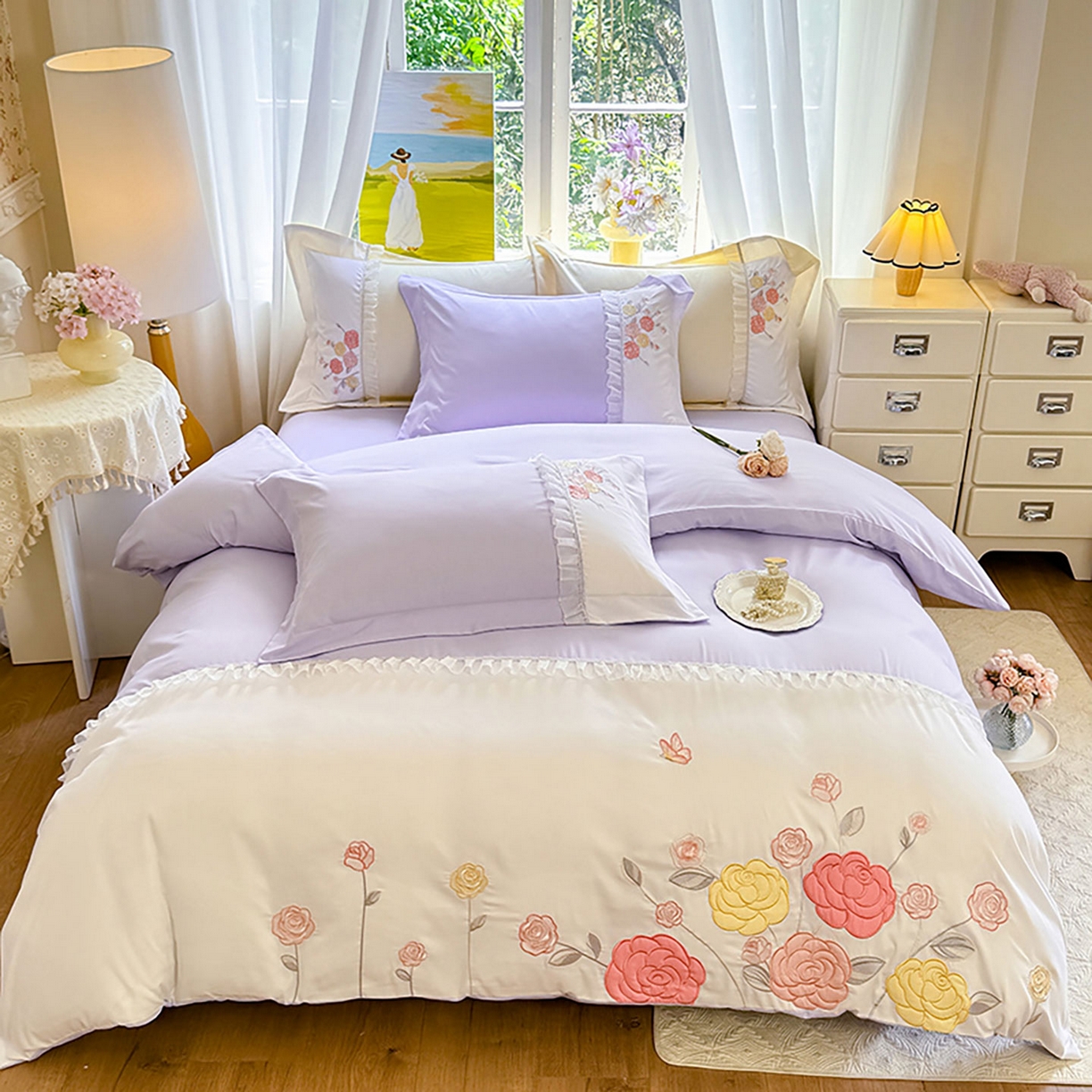 91家纺网 家纺一手货源 找家纺 慕语家纺 2025新款磨毛亲肤贴布绣伊丽莎白四件套（专版花型） 伊丽莎白--熏衣紫