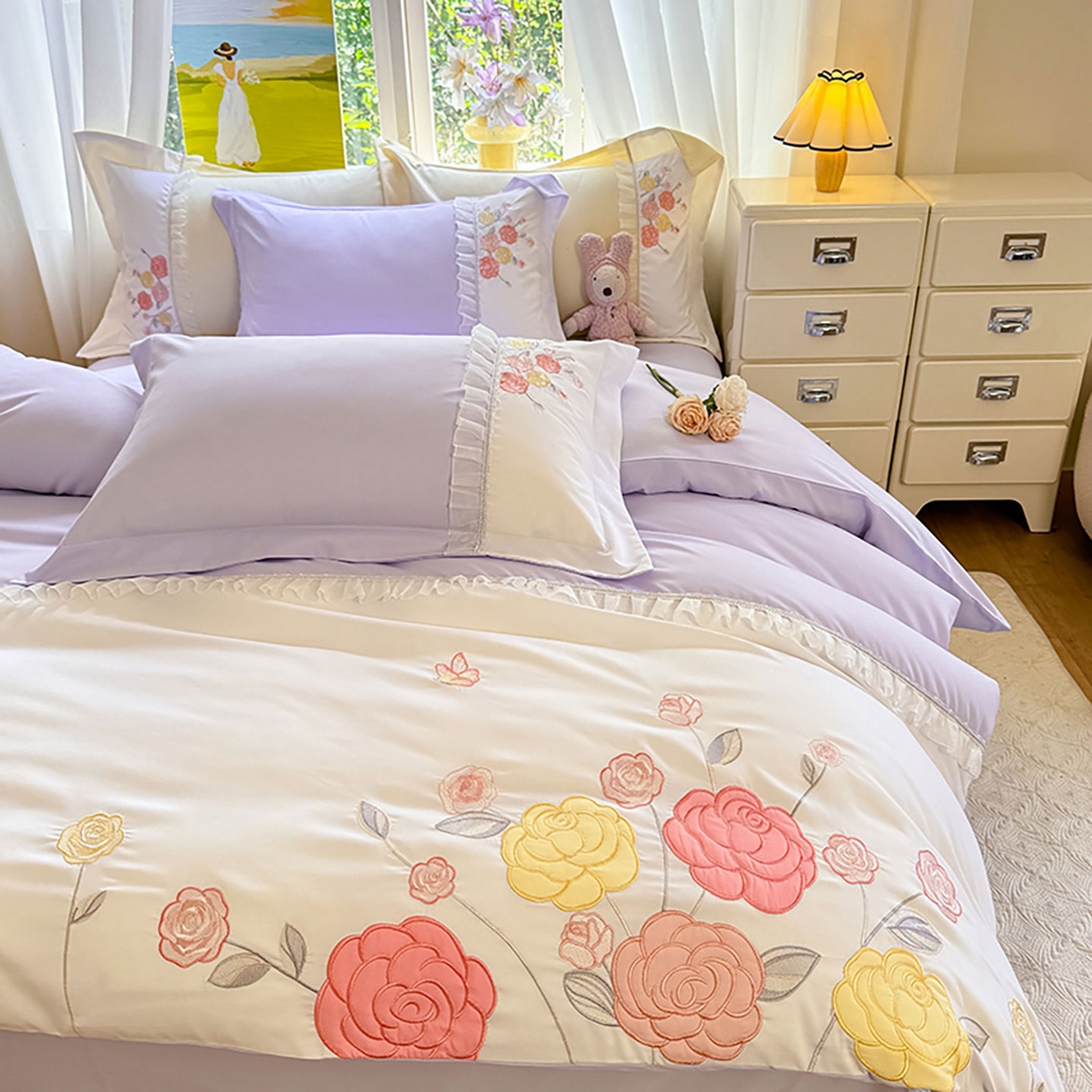 91家纺网 家纺一手货源 找家纺 慕语家纺 2025新款磨毛亲肤贴布绣伊丽莎白四件套（专版花型） 伊丽莎白--熏衣紫