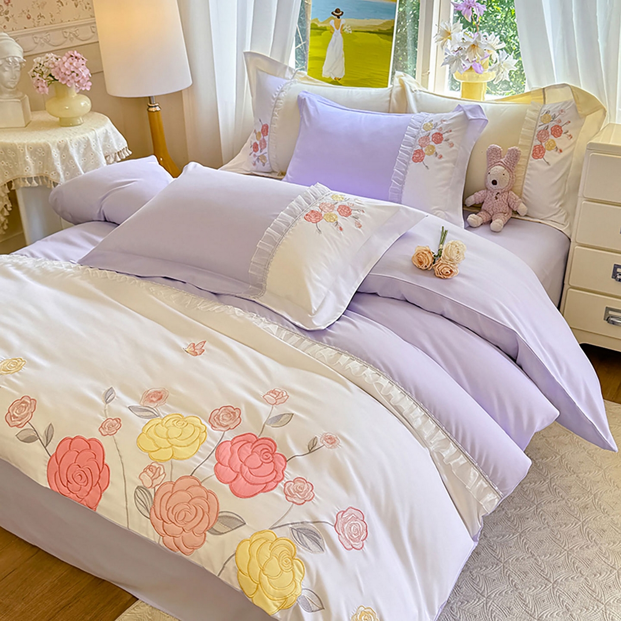 91家纺网 家纺一手货源 找家纺 慕语家纺 2025新款磨毛亲肤贴布绣伊丽莎白四件套（专版花型） 伊丽莎白--熏衣紫