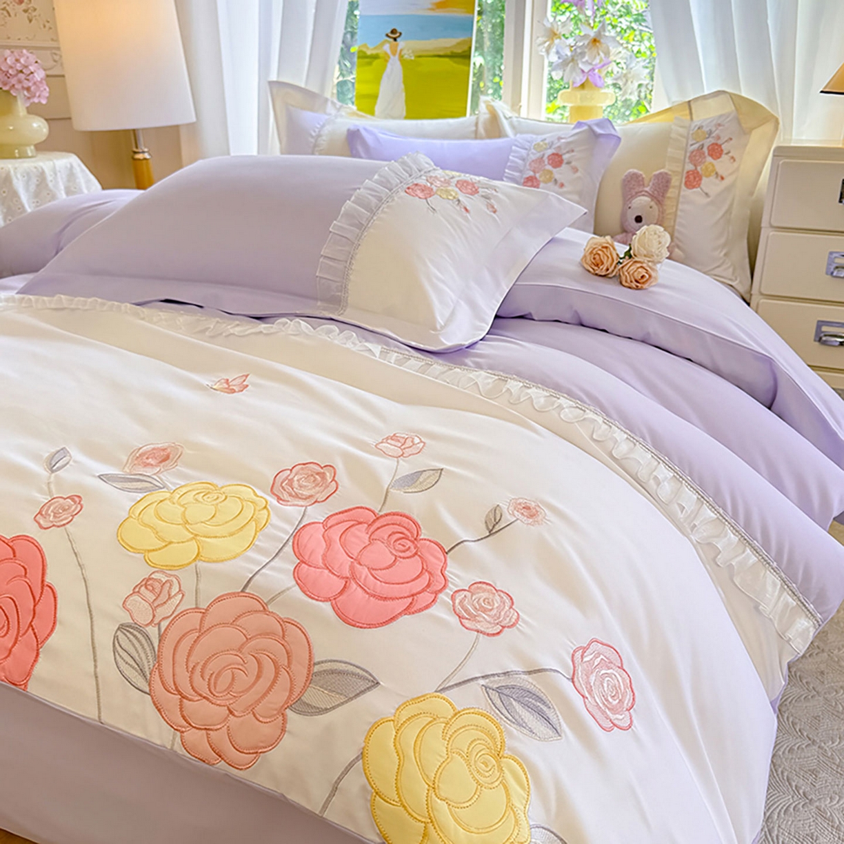 91家纺网 家纺一手货源 找家纺 慕语家纺 2025新款磨毛亲肤贴布绣伊丽莎白四件套（专版花型） 伊丽莎白--熏衣紫