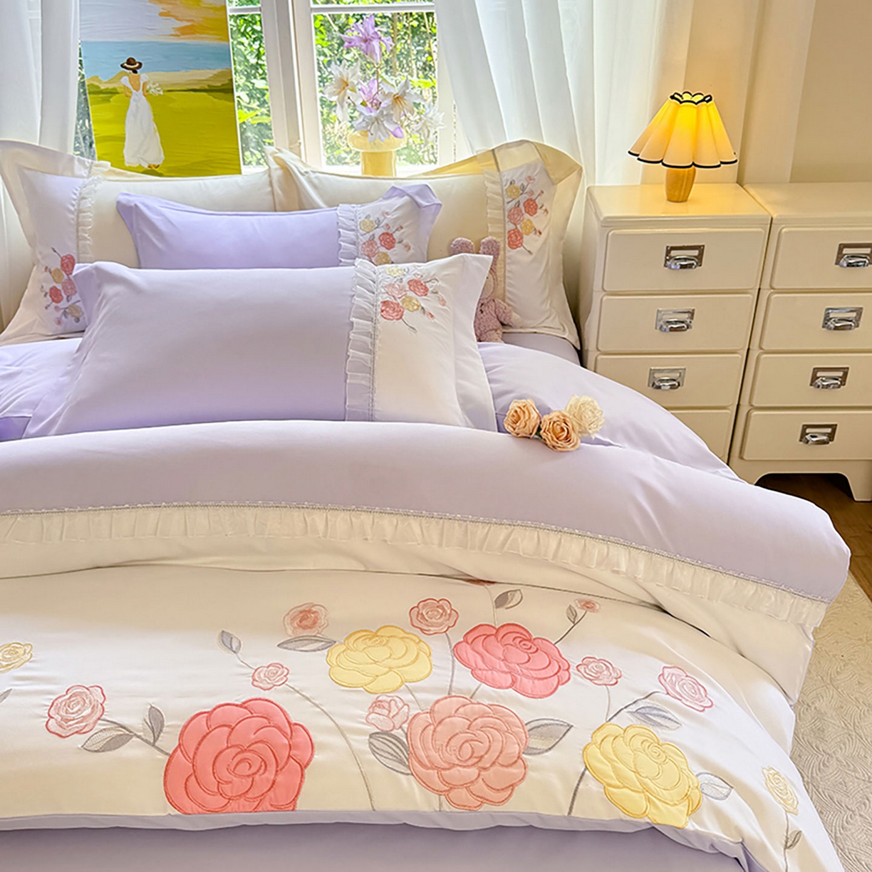 91家纺网 家纺一手货源 找家纺 慕语家纺 2025新款磨毛亲肤贴布绣伊丽莎白四件套（专版花型） 伊丽莎白--熏衣紫