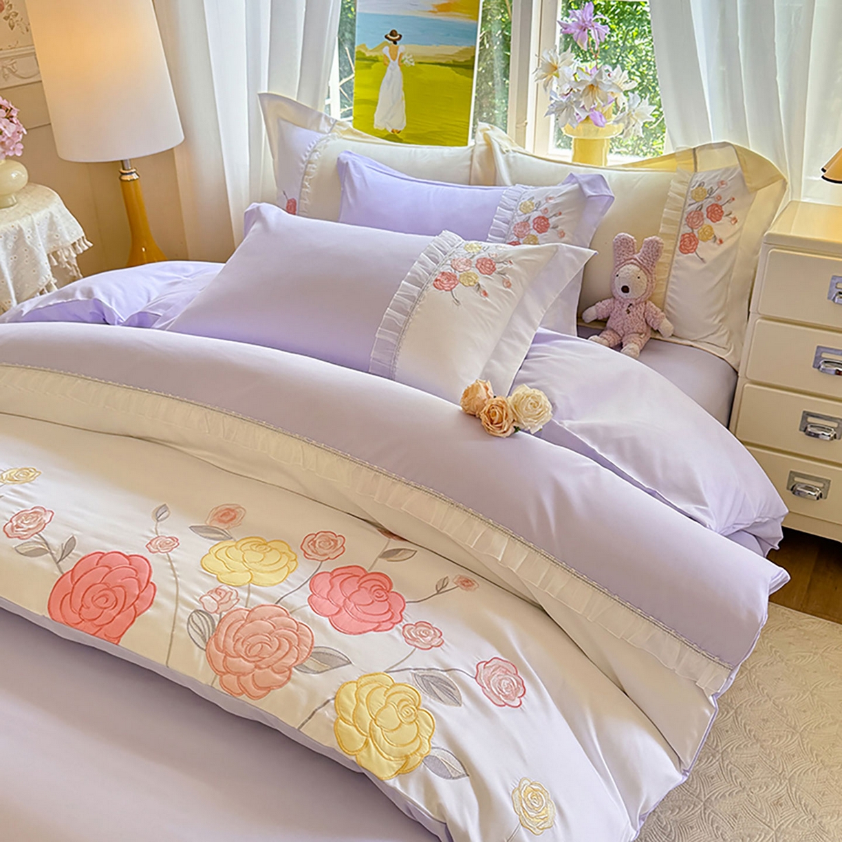 91家纺网 家纺一手货源 找家纺 慕语家纺 2025新款磨毛亲肤贴布绣伊丽莎白四件套（专版花型） 伊丽莎白--熏衣紫