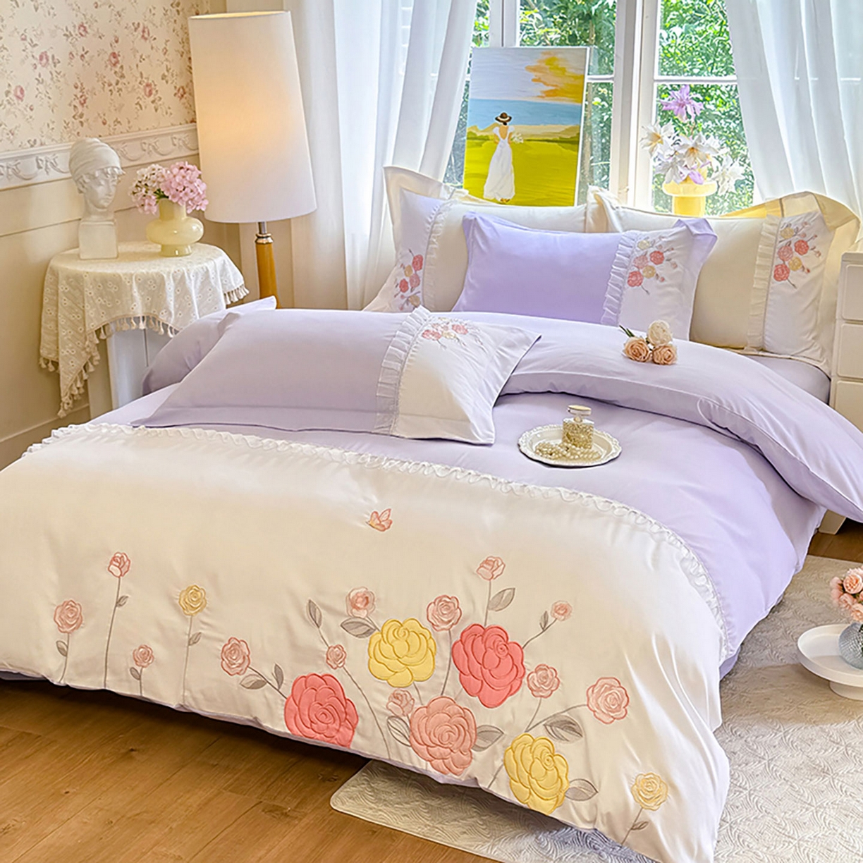 91家纺网 家纺一手货源 找家纺 慕语家纺 2025新款磨毛亲肤贴布绣伊丽莎白四件套（专版花型） 伊丽莎白--熏衣紫