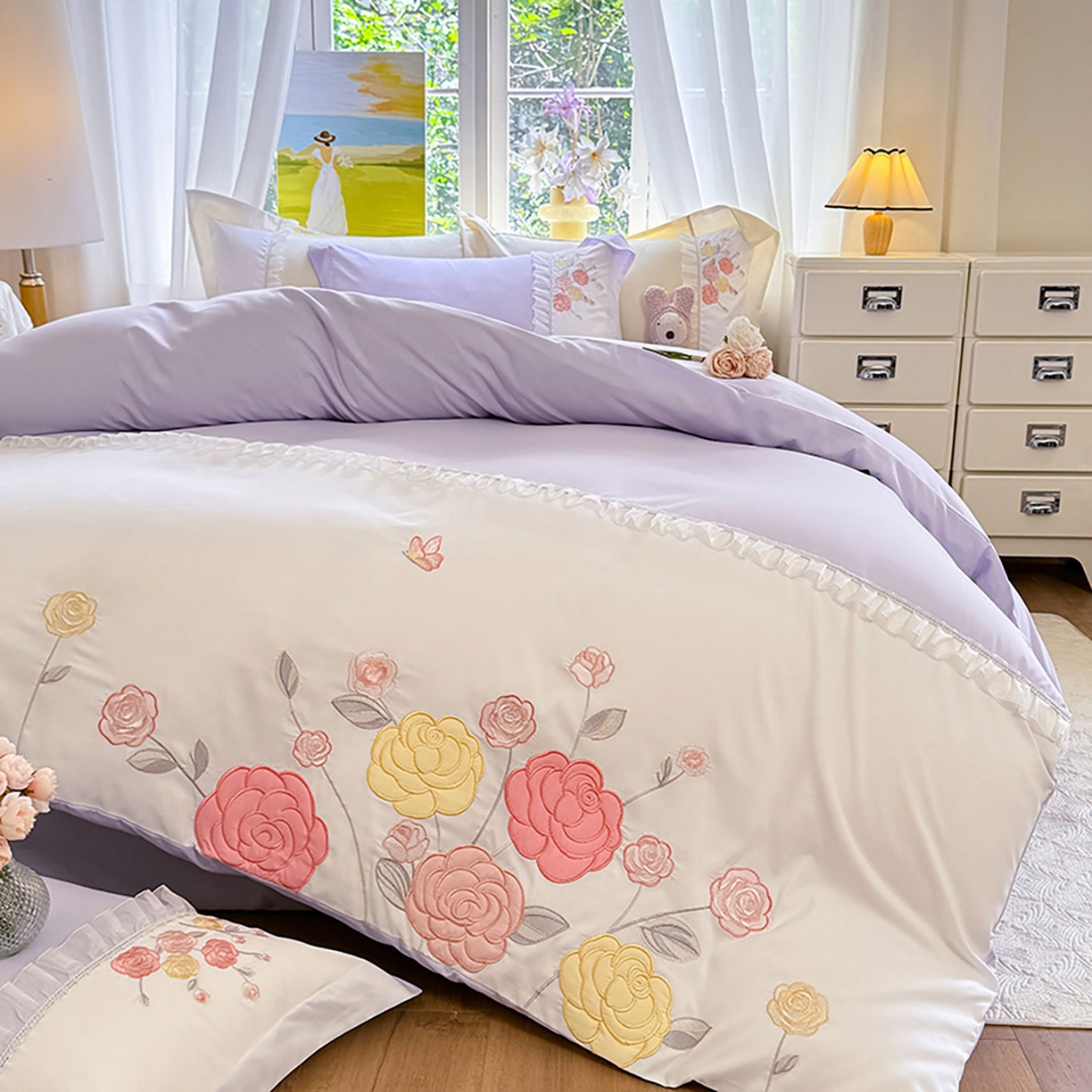 91家纺网 家纺一手货源 找家纺 慕语家纺 2025新款磨毛亲肤贴布绣伊丽莎白四件套（专版花型） 伊丽莎白--熏衣紫