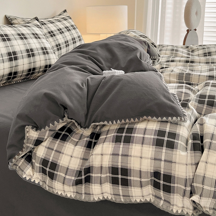 91家纺网 家纺一手货源 找家纺 忆生活 2025秋冬全棉加厚磨毛贝壳边四件套格韵-黑