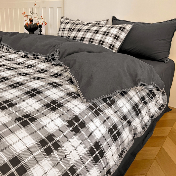 91家纺网 家纺一手货源 找家纺 忆生活 2025秋冬全棉加厚磨毛贝壳边四件套格韵-黑