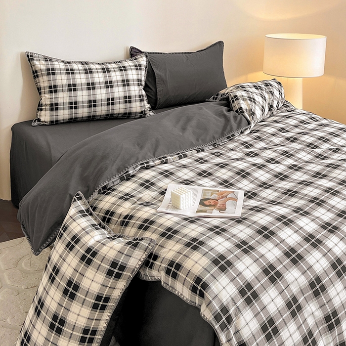 91家纺网 家纺一手货源 找家纺 忆生活 2025秋冬全棉加厚磨毛贝壳边四件套格韵-黑