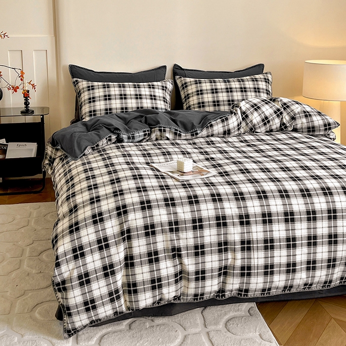 91家纺网 家纺一手货源 找家纺 忆生活 2025秋冬全棉加厚磨毛贝壳边四件套格韵-黑