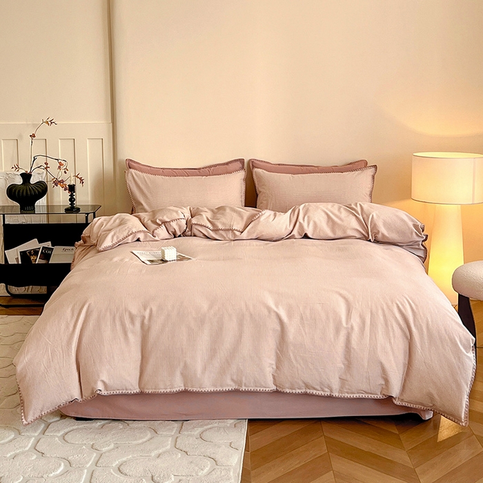 91家纺网 家纺一手货源 找家纺 忆生活 2025秋冬全棉加厚磨毛贝壳边四件套简森-粉