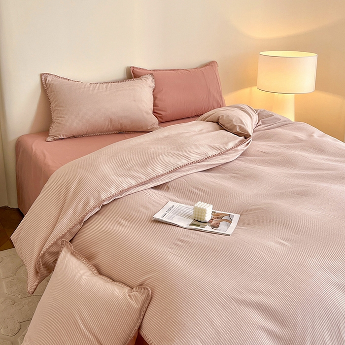 91家纺网 家纺一手货源 找家纺 忆生活 2025秋冬全棉加厚磨毛贝壳边四件套简森-粉