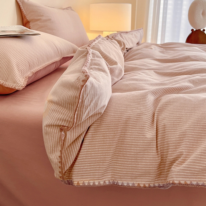 91家纺网 家纺一手货源 找家纺 忆生活 2025秋冬全棉加厚磨毛贝壳边四件套简森-粉