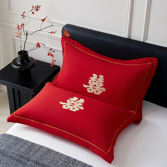 91家纺网 家纺一手货源 找家纺 丰淘家纺 2025新款婚庆结婚磨毛刺绣大红枕套 家有喜事