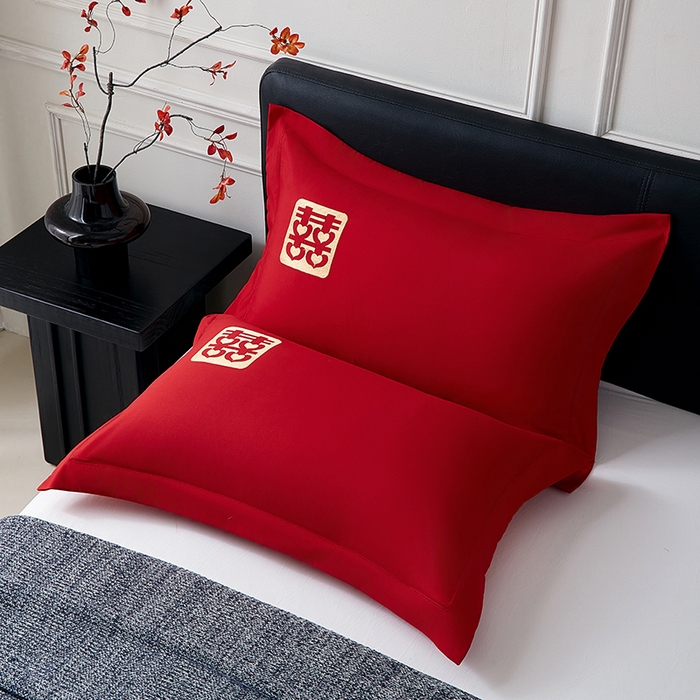 91家纺网 家纺一手货源 找家纺 丰淘家纺 2025新款婚庆结婚磨毛刺绣大红枕套 喜事迎门