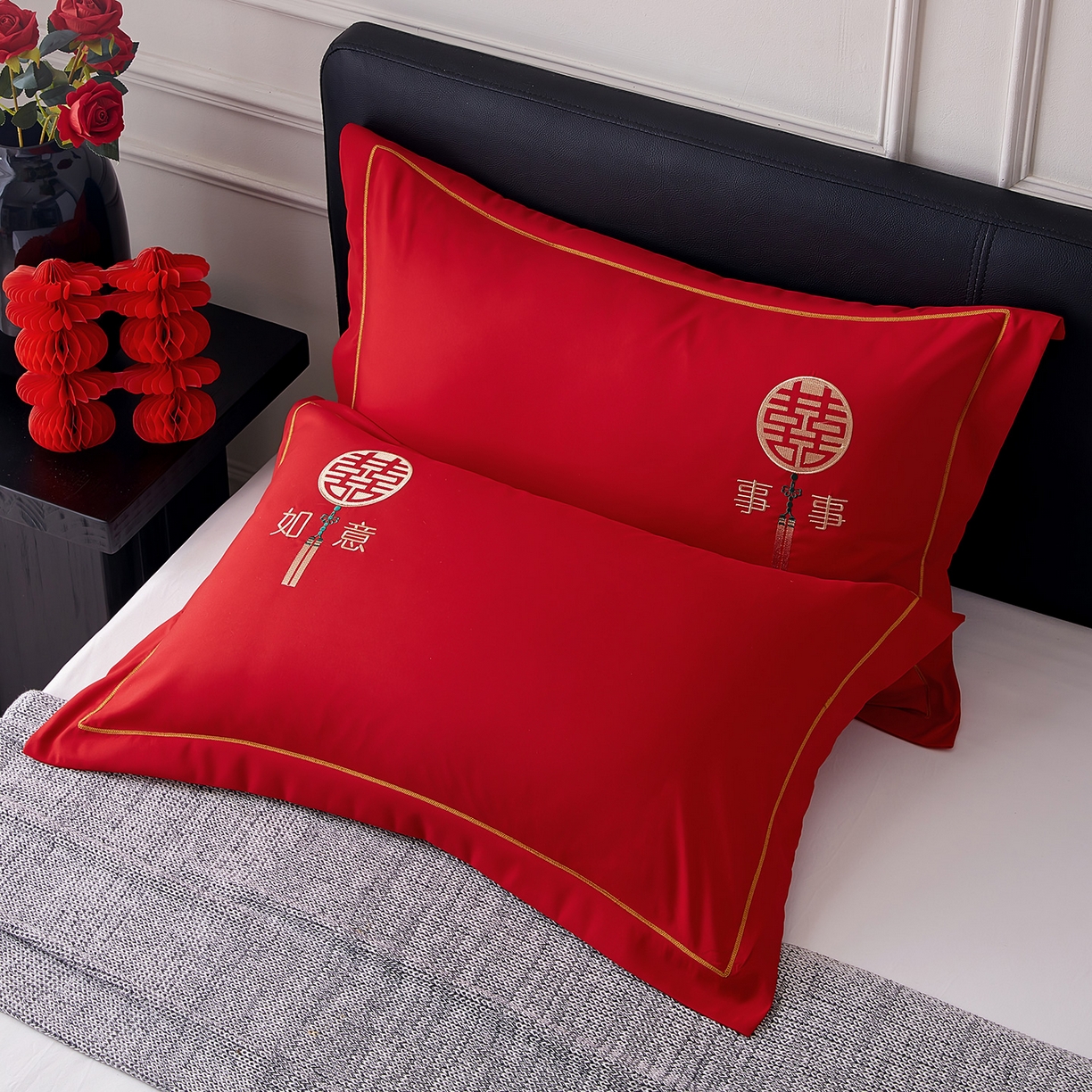 91家纺网 家纺一手货源 找家纺 丰淘家纺 2025新款婚庆结婚磨毛刺绣大红枕套 事事如意