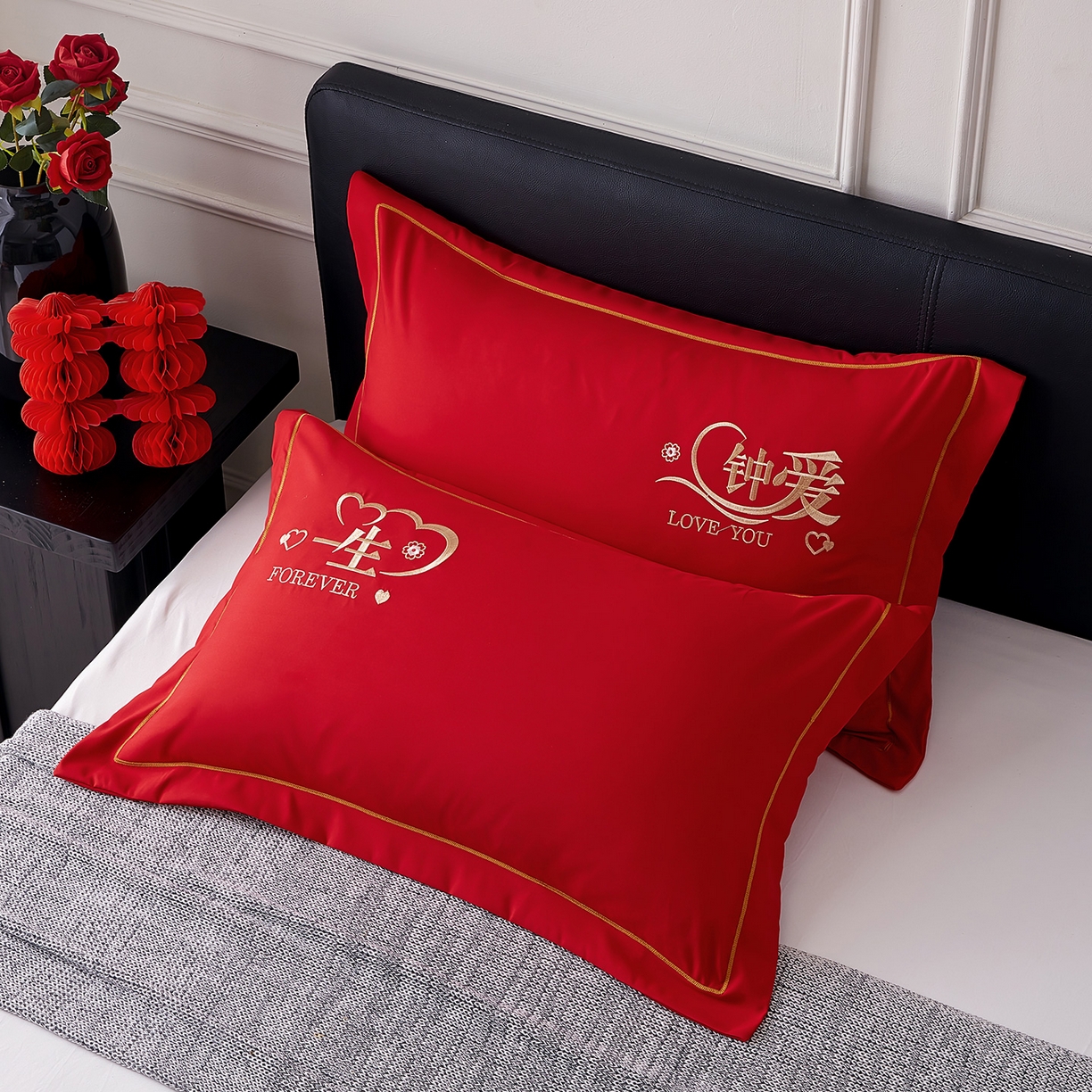 91家纺网 家纺一手货源 找家纺 丰淘家纺 2025新款婚庆结婚磨毛刺绣大红枕套 钟爱一生