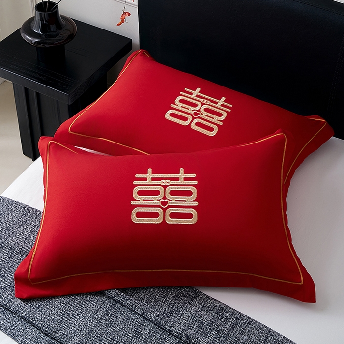 91家纺网 家纺一手货源 找家纺 丰淘家纺 2025新款婚庆结婚磨毛刺绣大红枕套 大富大贵