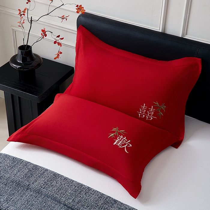 丰淘家纺 2025新款婚庆结婚磨毛刺绣大红枕套 欢欢喜喜
