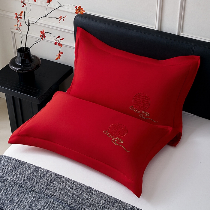 丰淘家纺 2025新款婚庆结婚磨毛刺绣大红枕套 七彩祥云
