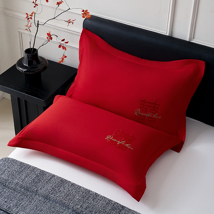 丰淘家纺 2025新款婚庆结婚磨毛刺绣大红枕套 喜上眉梢