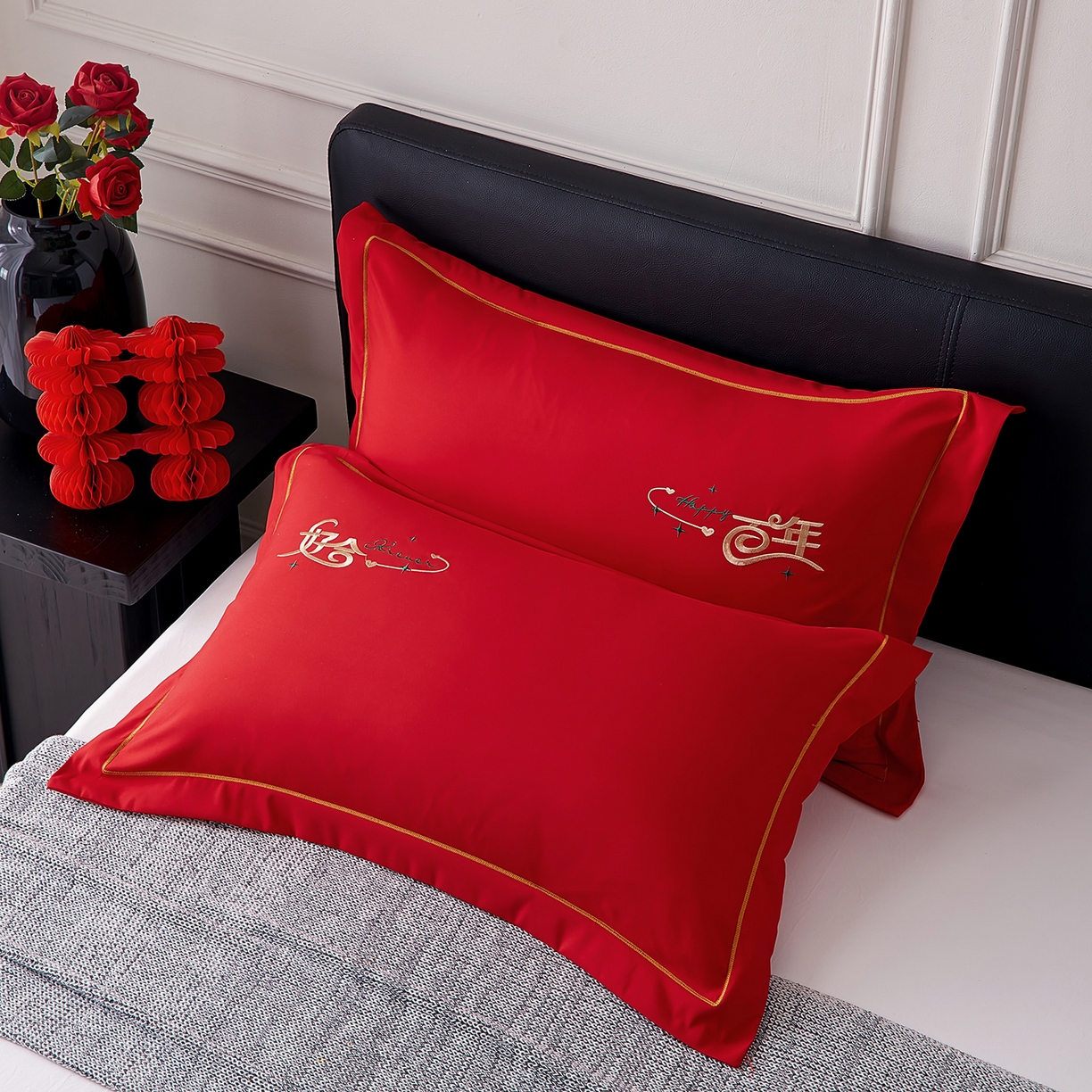 丰淘家纺 2025新款婚庆结婚磨毛刺绣大红枕套 百年好合