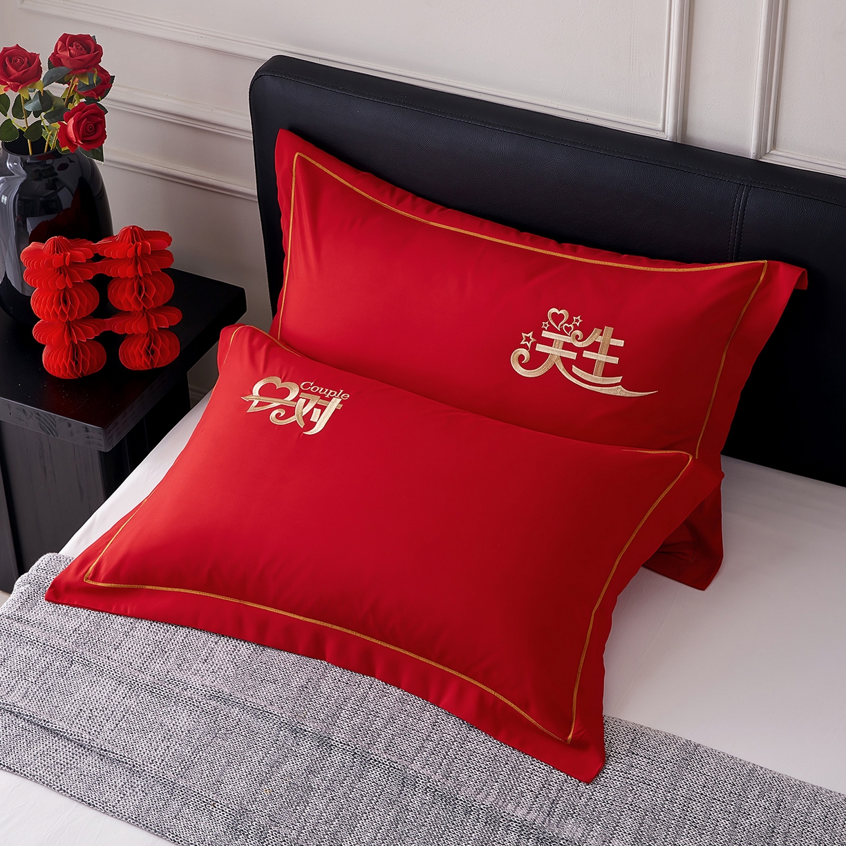 丰淘家纺 2025新款婚庆结婚磨毛刺绣大红枕套 天生一对