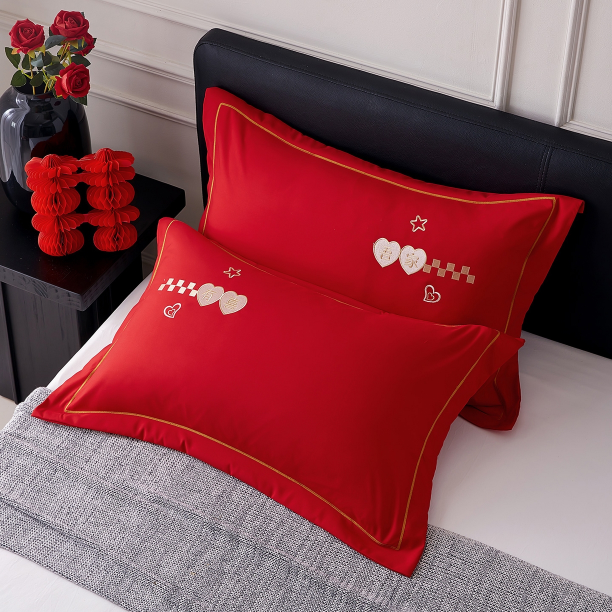 丰淘家纺 2025新款婚庆结婚磨毛刺绣大红枕套 吾家有喜