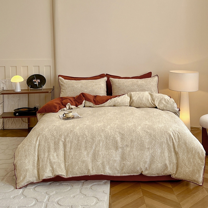 91家纺网 家纺一手货源 找家纺 忆生活 2025秋冬全棉加厚磨毛贝壳边四件套南初-咖