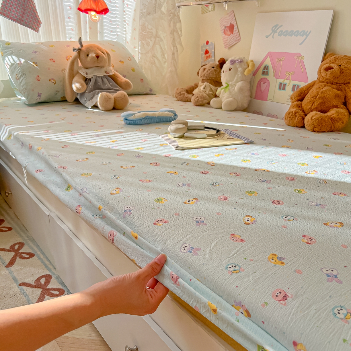 91家纺网 家纺一手货源 找家纺 韩巢家纺 2025新款A类学生宿舍上下铺床笠单件床垫保护罩枕套三件套 绒毛摇滚