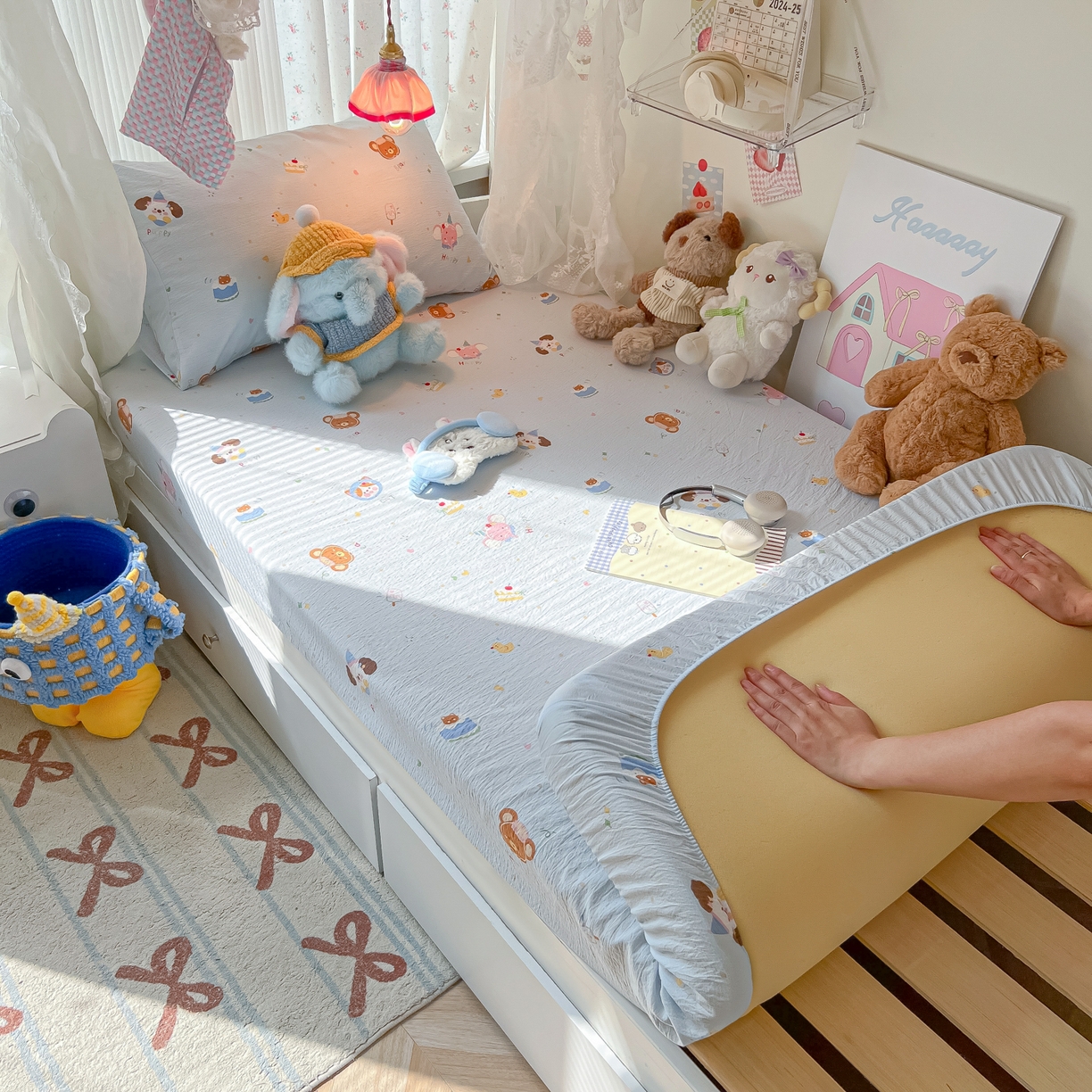 91家纺网 家纺一手货源 找家纺 韩巢家纺 2025新款A类学生宿舍上下铺床笠单件床垫保护罩枕套三件套 生日宴会兰