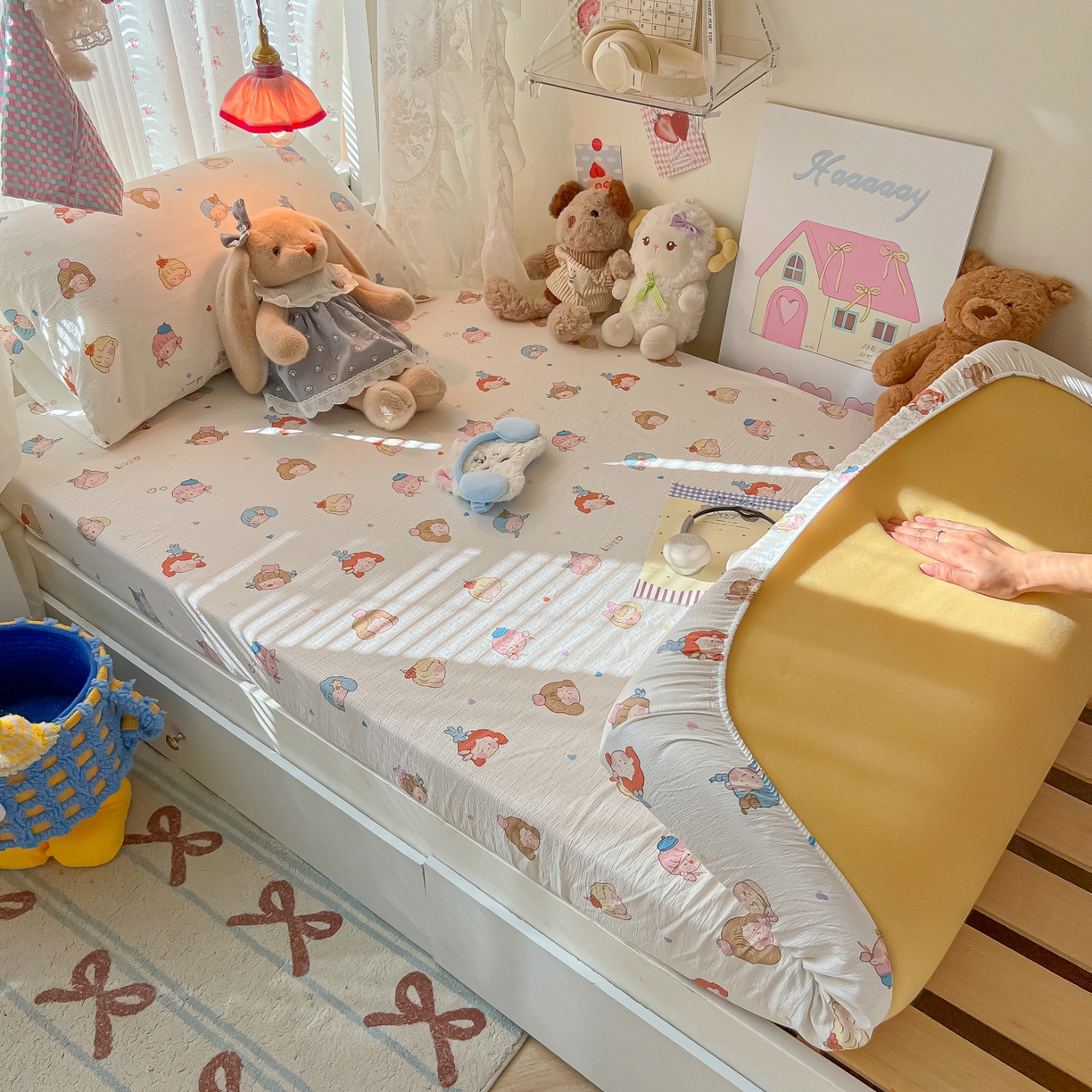 91家纺网 家纺一手货源 找家纺 韩巢家纺 2025新款A类学生宿舍上下铺床笠单件床垫保护罩枕套三件套 童话女孩