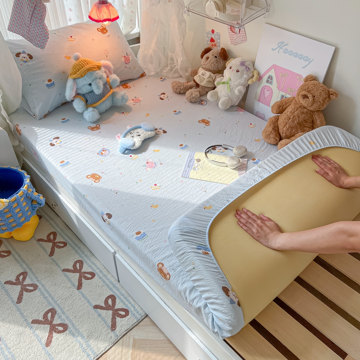 91家纺网 家纺一手货源 找家纺 韩巢家纺 2025新款A类学生宿舍上下铺床笠单件床垫保护罩枕套三件套 生日宴会兰