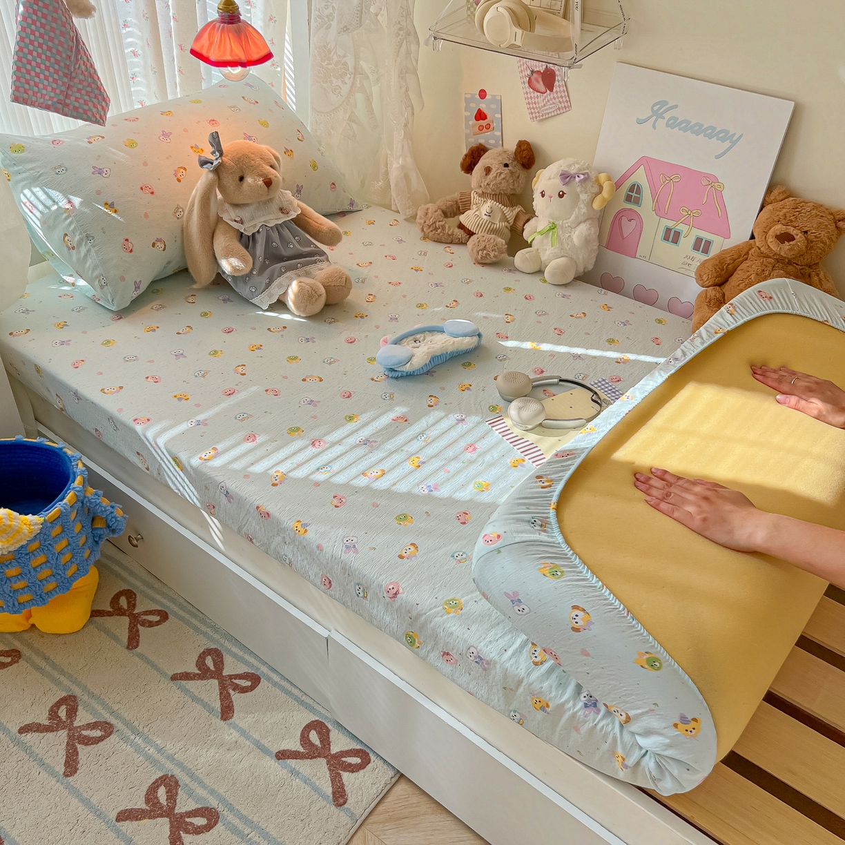 91家纺网 家纺一手货源 找家纺 韩巢家纺 2025新款A类学生宿舍上下铺床笠单件床垫保护罩枕套三件套 绒毛摇滚