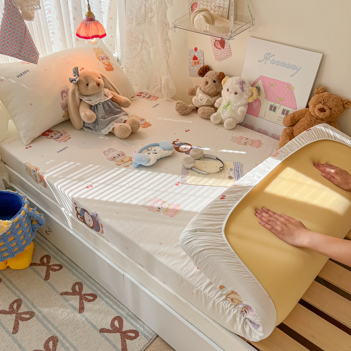 91家纺网 家纺一手货源 找家纺 韩巢家纺 2025新款A类学生宿舍上下铺床笠单件床垫保护罩枕套三件套 拉布大王