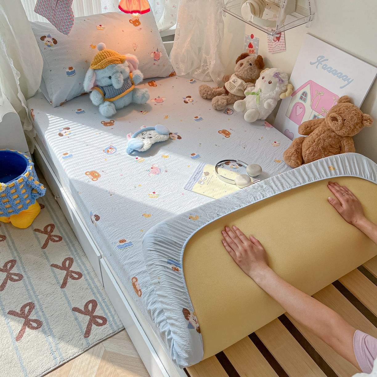 91家纺网 家纺一手货源 找家纺 韩巢家纺 2025新款A类学生宿舍上下铺床笠单件床垫保护罩枕套三件套 生日宴会兰