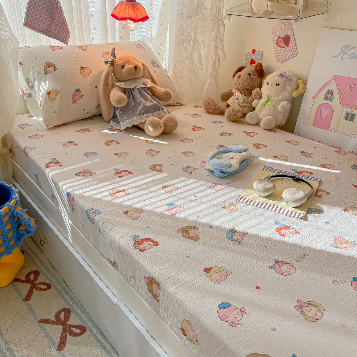 91家纺网 家纺一手货源 找家纺 韩巢家纺 2025新款A类学生宿舍上下铺床笠单件床垫保护罩枕套三件套 童话女孩