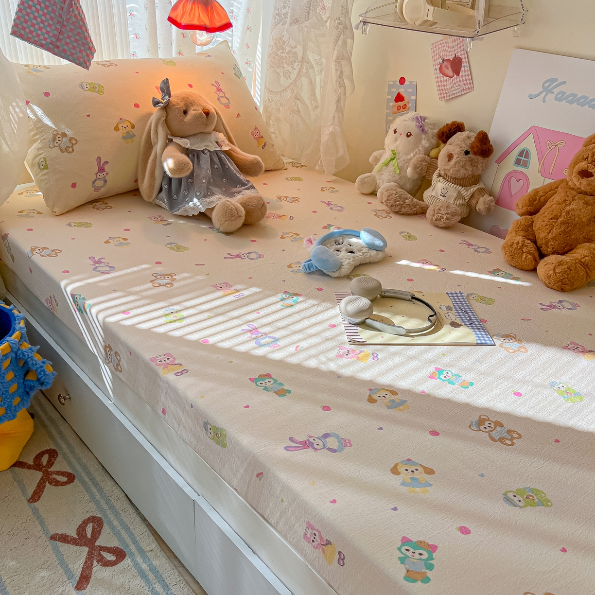 91家纺网 家纺一手货源 找家纺 韩巢家纺 2025新款A类学生宿舍上下铺床笠单件床垫保护罩枕套三件套 七宝