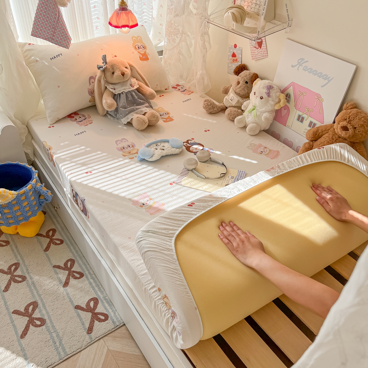 91家纺网 家纺一手货源 找家纺 韩巢家纺 2025新款A类学生宿舍上下铺床笠单件床垫保护罩枕套三件套 拉布大王