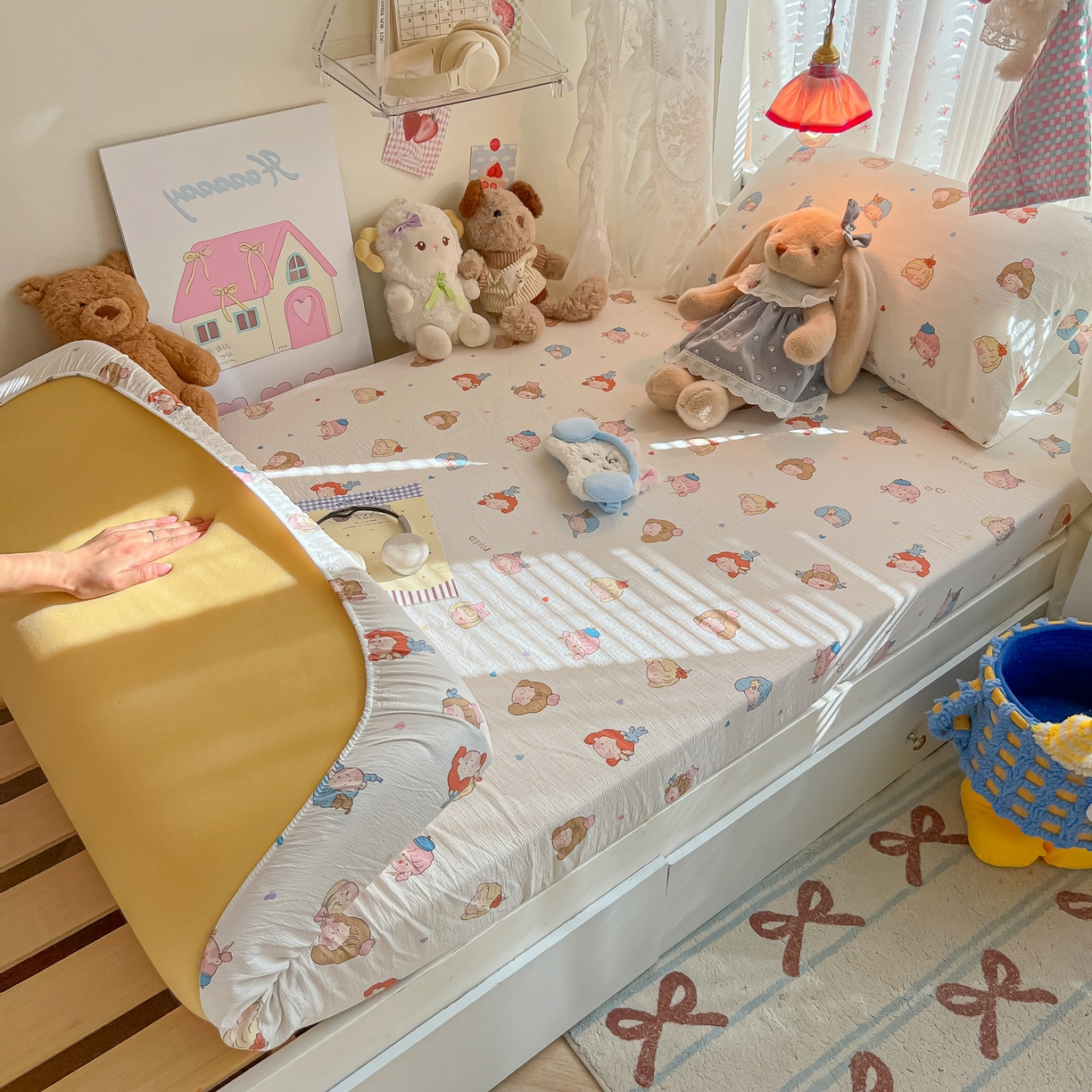 91家纺网 家纺一手货源 找家纺 韩巢家纺 2025新款A类学生宿舍上下铺床笠单件床垫保护罩枕套三件套 童话女孩