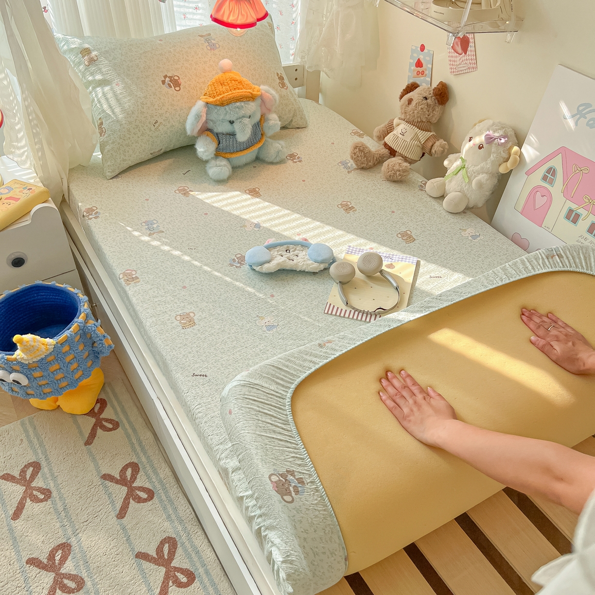 91家纺网 家纺一手货源 找家纺 韩巢家纺 2025新款A类学生宿舍上下铺床笠单件床垫保护罩枕套三件套 少女象