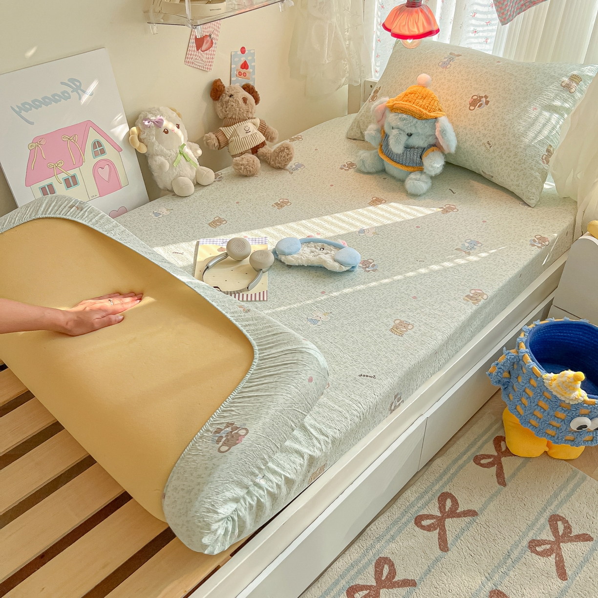 91家纺网 家纺一手货源 找家纺 韩巢家纺 2025新款A类学生宿舍上下铺床笠单件床垫保护罩枕套三件套 少女象