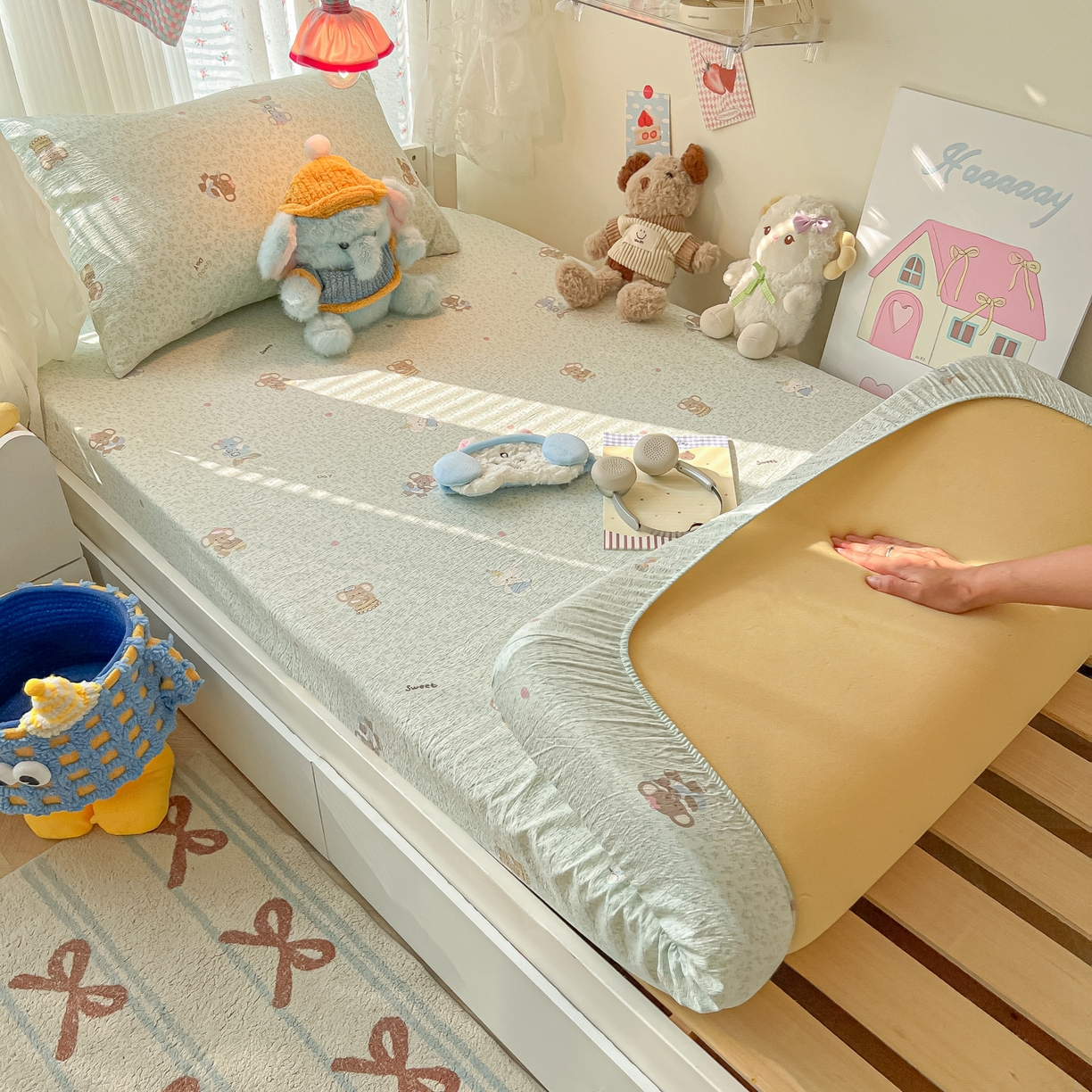 91家纺网 家纺一手货源 找家纺 韩巢家纺 2025新款A类学生宿舍上下铺床笠单件床垫保护罩枕套三件套 少女象