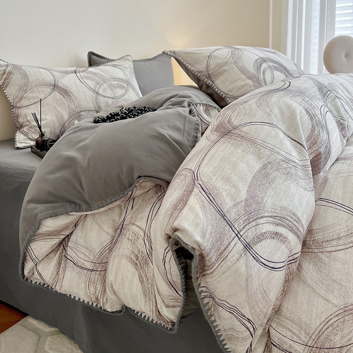 忆生活 2025秋冬全棉加厚磨毛贝壳边四件套叙晚-白