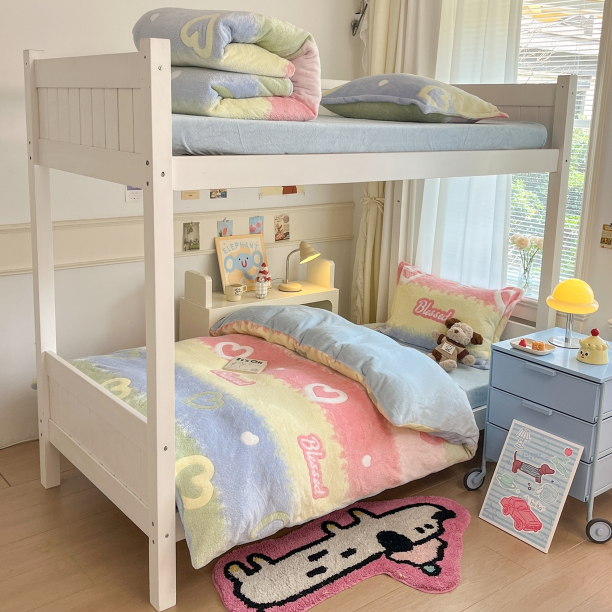 91家纺网 家纺一手货源 找家纺 川悦生活 2025新款立体雪花绒印花四件套学生床系列一场景二 彩虹爱语蓝